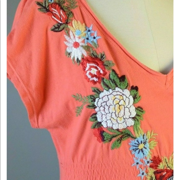 Johnny Was orange v-neck embroidered tunic dress - Picture 3 of 5